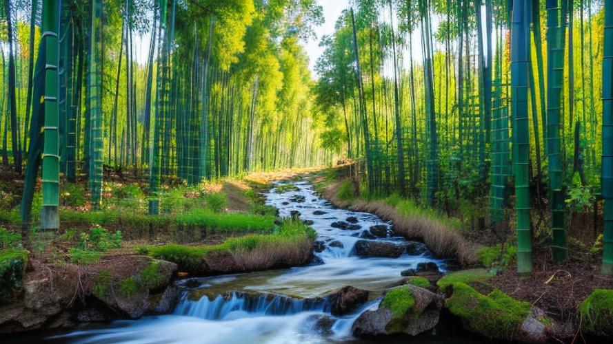 竹林溪流與花卉 大自然的寧靜與和諧